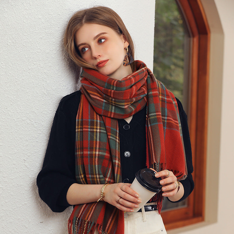 Elegant Plaid Warm Tassel Scarf Women's Mid-length