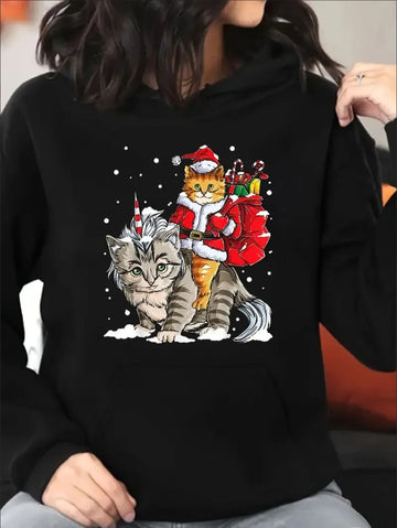 Women Plus Size Hoodie Christmas Cat Riding Big Cat Print Sweatshirt Long Sleeve Hoodie Drawstring