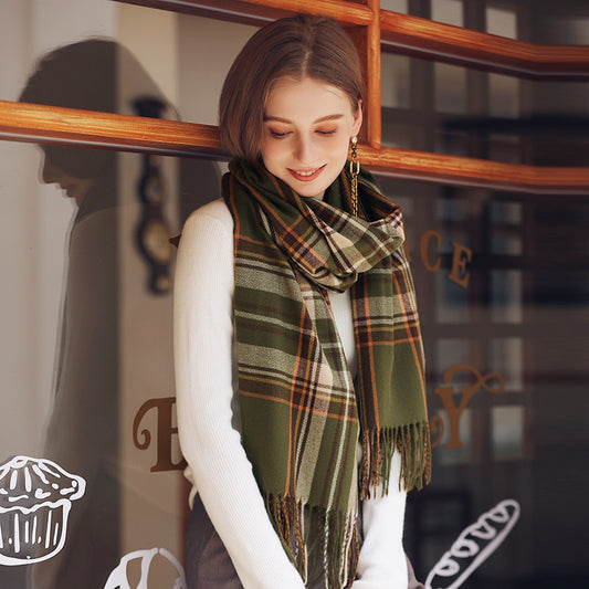 Elegant Plaid Warm Tassel Scarf Women's Mid-length