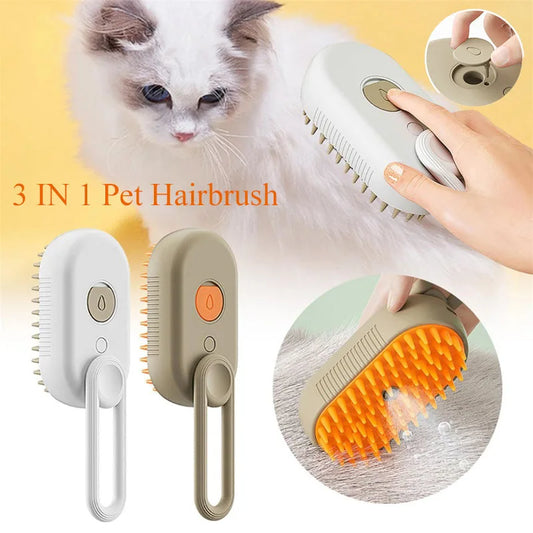 3-in-1 Electric Steam Grooming Brush for Cats and Dogs with Spray, Massage, and Retractable Handle for Effective Pet Hair Removal